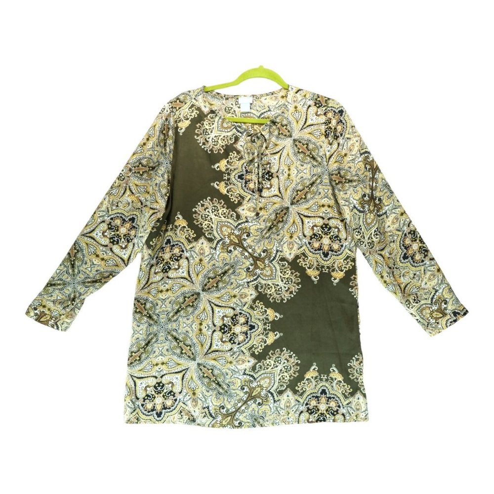 Chicos Womens Tunic Dress Brown Paisley Drawstring Long Sleeve Blouse 2 US 12/14